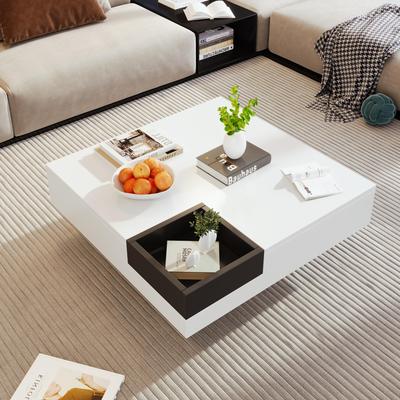 Stolik kawowy na wysoki połysk 72x72x30 cm, z efektem świetlnym LED, stolik boczny ze zdejmowanym schowkiem, nowoczesny design, Czarny + Biały