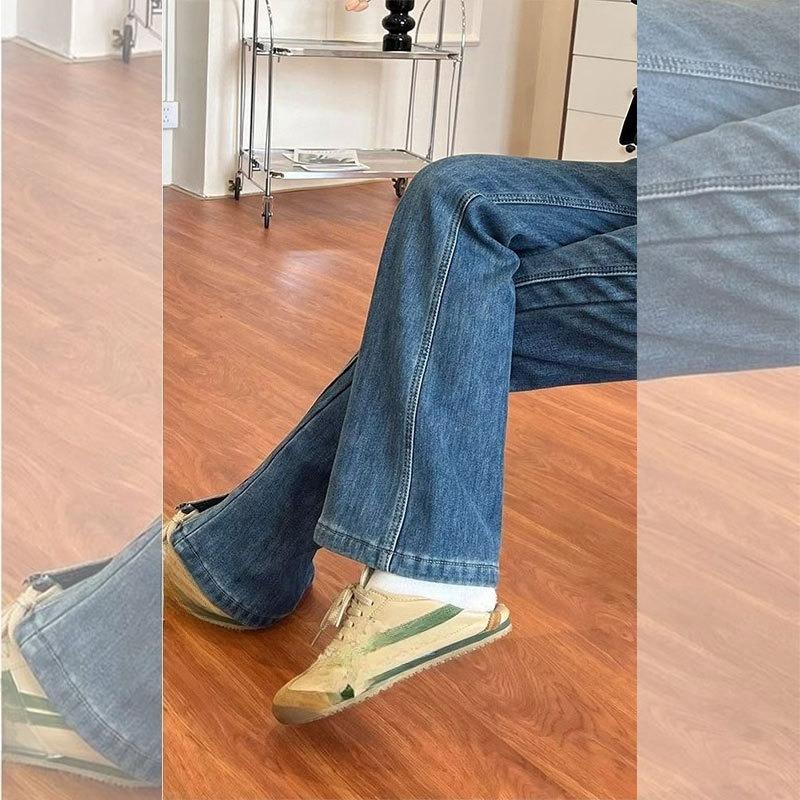 WTEMPO Elastic Slit Micro Flared Jeans for Women Plus Size High Waist Slimming Straight Leg Pants