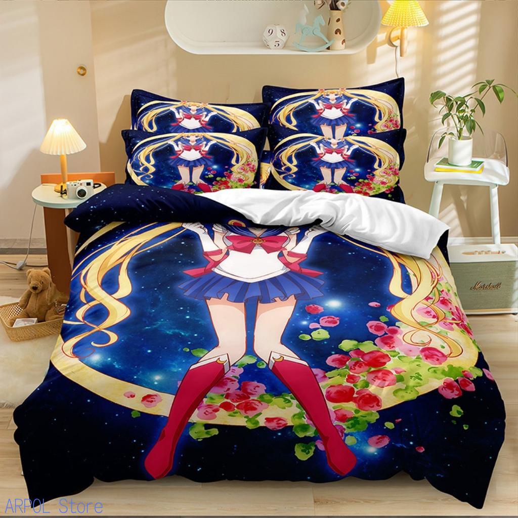 Kawaii Sailor Moons Bedding Set For Girls 3D Pattern Pretty Girl Duvet Cover Pink Comforter Twin Duvet Cover Set With Pillowcase