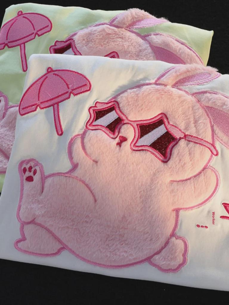 Women's Retro Cute Rabbit Flocked Short Sleeve T-Shirt - Pure Cotton Summer Couple Top