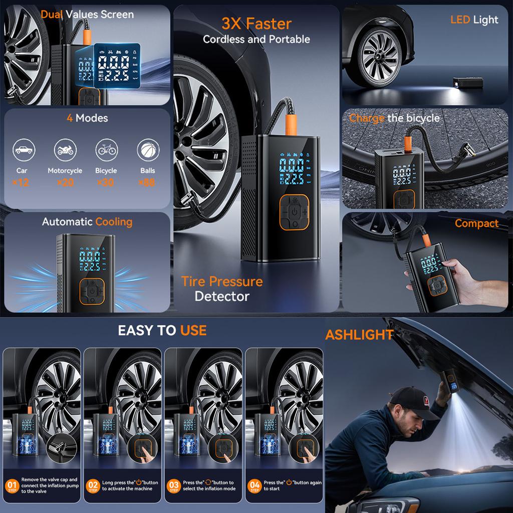 MotorX Tire Inflator Portable Compressor 2 Generation, Large Tire Inflator Speed 0 Seconds Fast Inflation , 15000mAh Battery Capacity, 65W