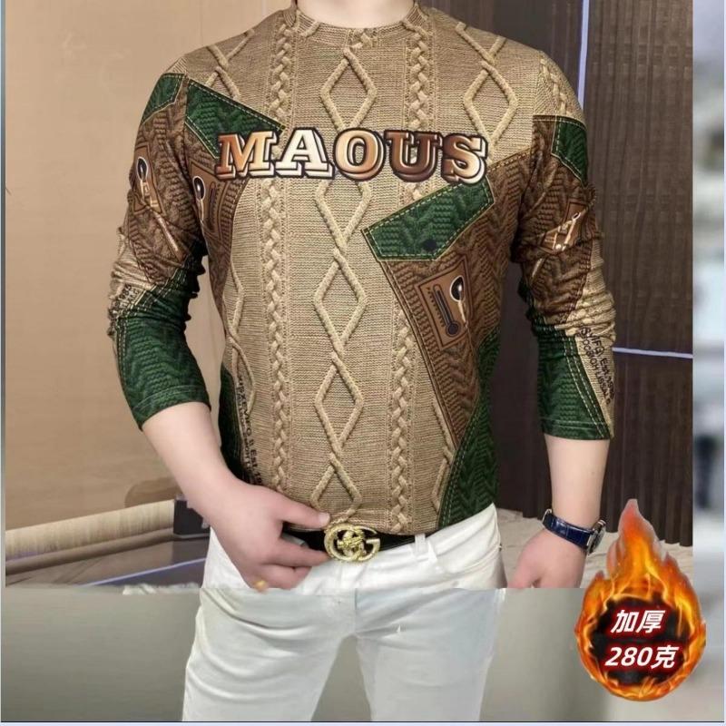 

Men Clothing Autumn Winter Vintage Fashion Print Velvet Thicken Warm Basic T-shirt Male Casual O Neck Long Sleeve Slim Tops XXXL небо синє кольору