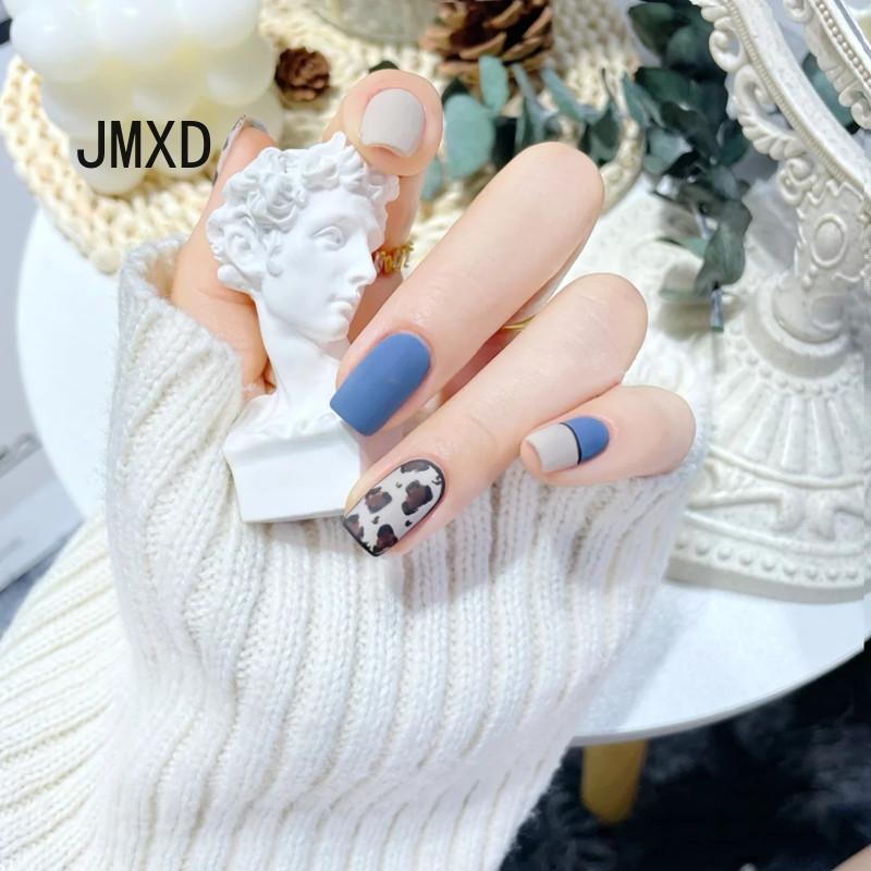 

JMXD-B223 Синий и черный леопардовый принт, матовый, средней длины, темпераментный, белый, накладной для ногтей, портативная искусственная пленка для ношения