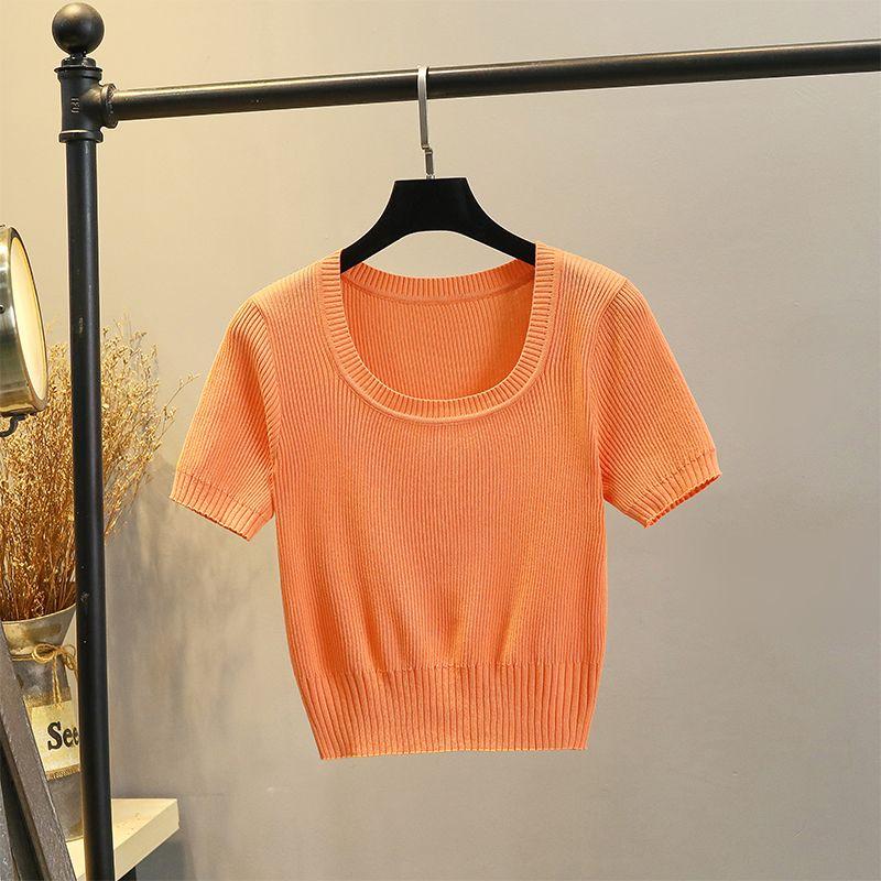 

Футболка Французский Стиль Короткий Рукав Тонкий Однотонный Топ Свитер Orange M