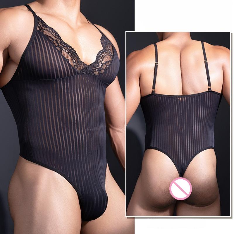 Men's Sexy Bodysuit Mesh Lace Crossdressing Sissy Lingerie Smooth Ultra-Thin See Through Elastic Gays Underwear Tights