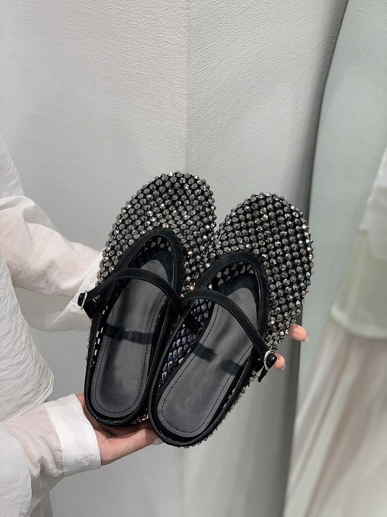Inner height increase golden rhinestone mesh hollow bag head half slippers women's shoes outer wear 2025 summer Mary Jane sandals
