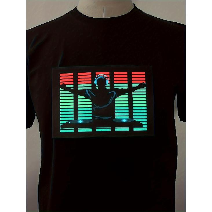 Unisex DJ Sound-Activated LED Glow T-Shirt with Music Sync- 80s 90s Hip Hop Party Shirt, Vibrant Neon Colors, Durable 100% Fabric, All-Season S