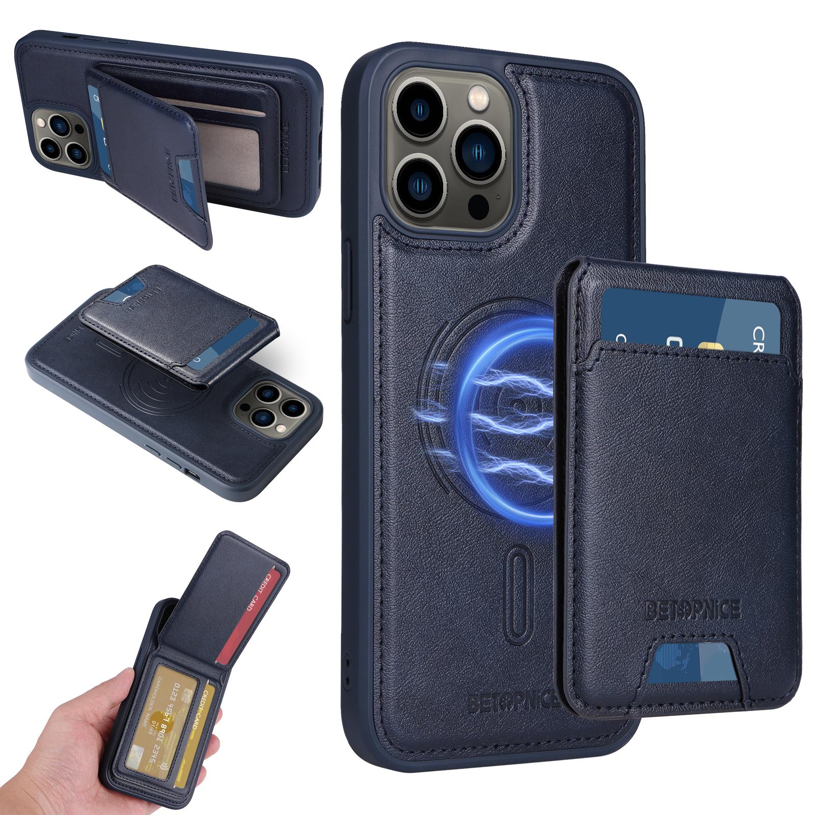 

For iPhone 13 Pro Max 6.7 inch Magnetic Case BETOPNICE RFID Blocking Leather Phone Back Cover with Detachable Card Bag Blue