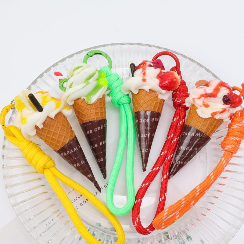 Simulation Ice Cream Cone Keychain Braided Lanyard Realistic Design Backpack Pendant Gift For Girls