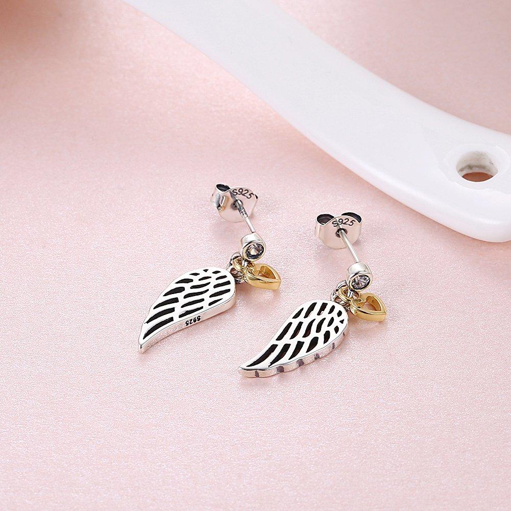 Rockyu Brand Fashion Earrings Simple Silver 925 Stand Earrings Winged Angel CZ Zirconia Gold Heart Shape Dangling Earrings Stylish Hawaiian Jewelry