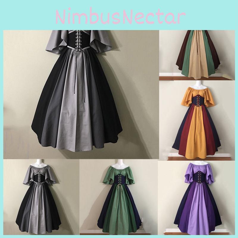 Women Medieval Halloween Fancy Cosplay Costume Stitching Lace Up Dress Maxi