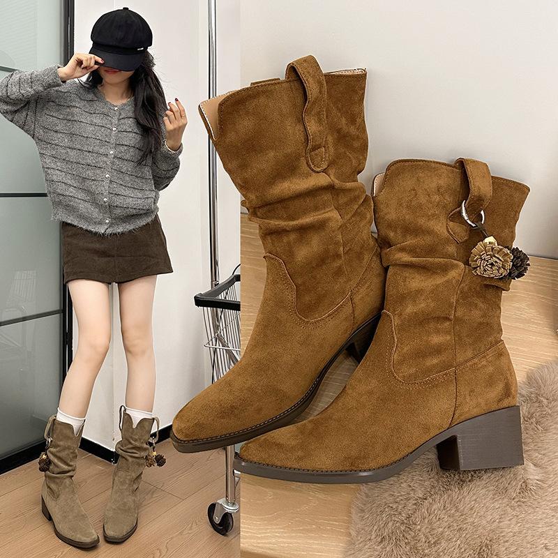 2025 autumn new sweet and cool girl height-increasing medium tube stacking boots women's V-mouth western boots thick heel thin knight boots