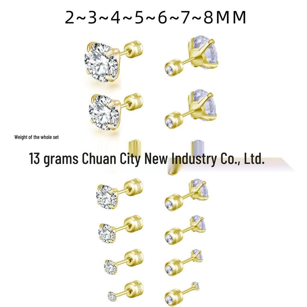 Mixed Round Zirconia Stud Earrings Set, Stainless Steel, Four-Prong Design.