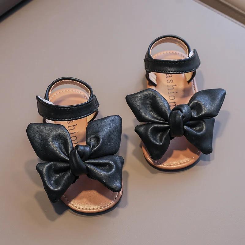 

Girl s Summer Sandals Big Bowtie Pu Leather 21-30 Sweet Children Sliders Lovely Stylish Three Colors Flexiable Cute Kids Flats 21-insole14cm чорний