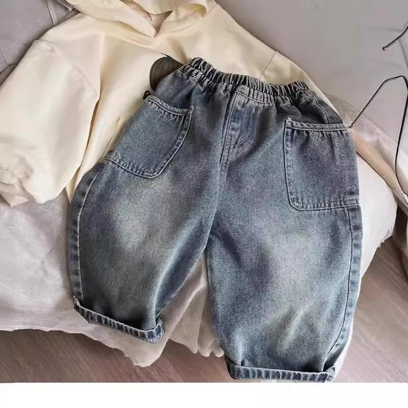 Spring Autumn Kid Boys Denim Pants Pocket Polished White Children Boy Pants Elastic Waist Casual Baby Trousers