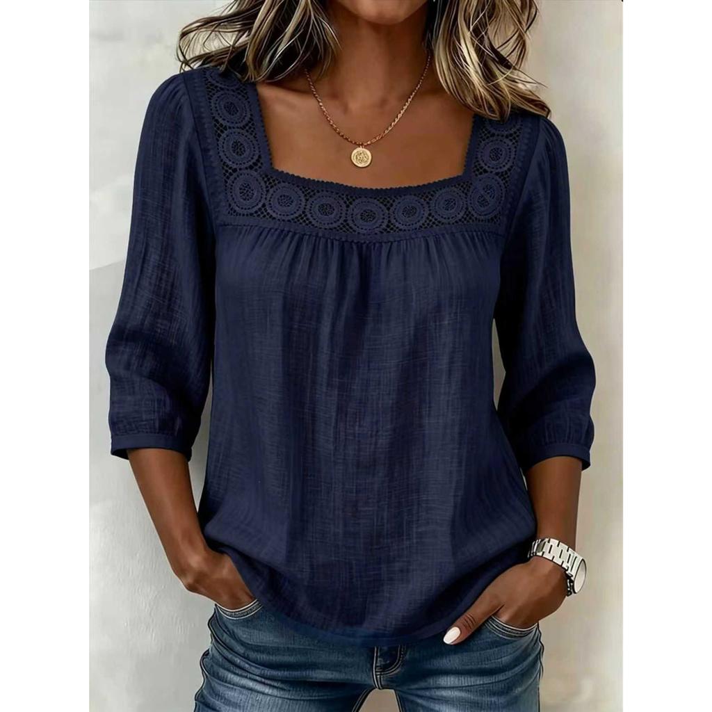 Dames Zomer Vierkante Hals Kantafwerking Top – 3/4 Mouw Katoen Linnen Blouse, Effen Kleur Casual Shirt