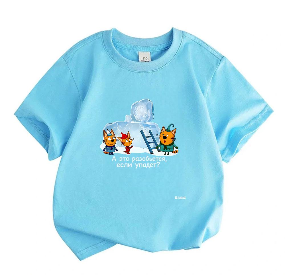 Kids Boys Girls 100% Cotton Crew Neck Short Sleeve T-Shirt, Cute Cartoon Cats Ice Block Printed Casual Soft Summer Tee for Children Daily Wear