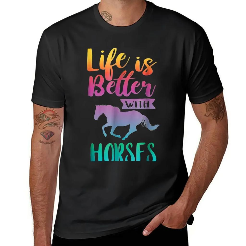 Cute Life Is Better With Horses Horseback Riding T-Shirt for a Boy Summer Top Men Graphic T Shirts
