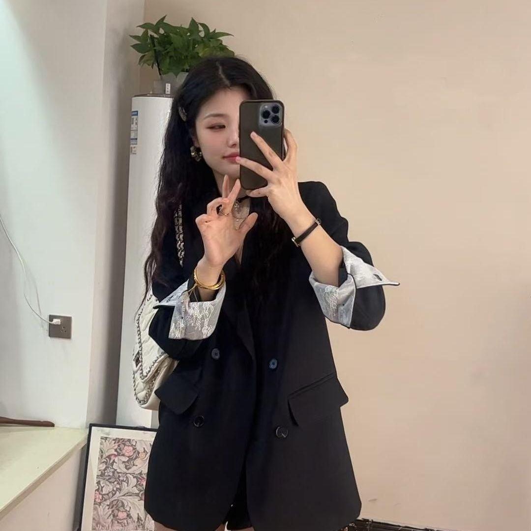 Chic Korean Style Lace Blazer Loose Fit Casual Suit Jacket for Petite Women Spring Autumn S чёрный