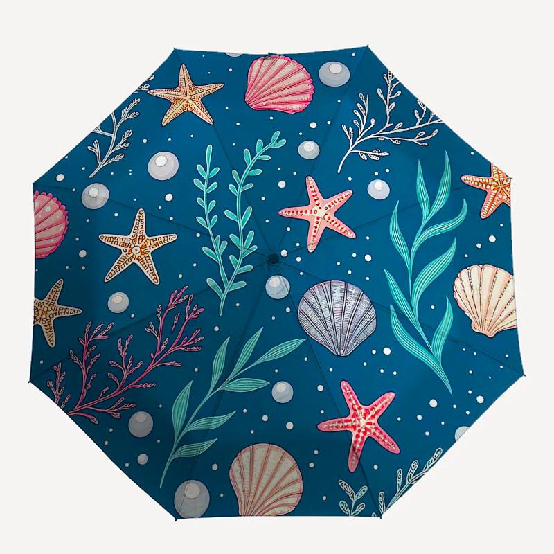 1pc Oceanic Seashells Starfish Coral Pattern Umbrella with Plastic Handle,Suitable for All Seasons Home Travel Outdoor UmbrellaB1856