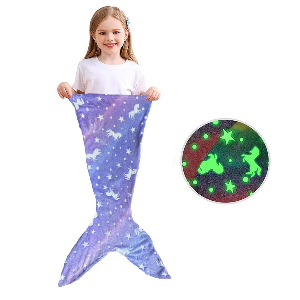 2026 New Night Glow Cartoon Rainbow Unicorn Mermaid Tail Blanket Flannel Wearable Super Soft Glow Gifts for Girls All Seasons