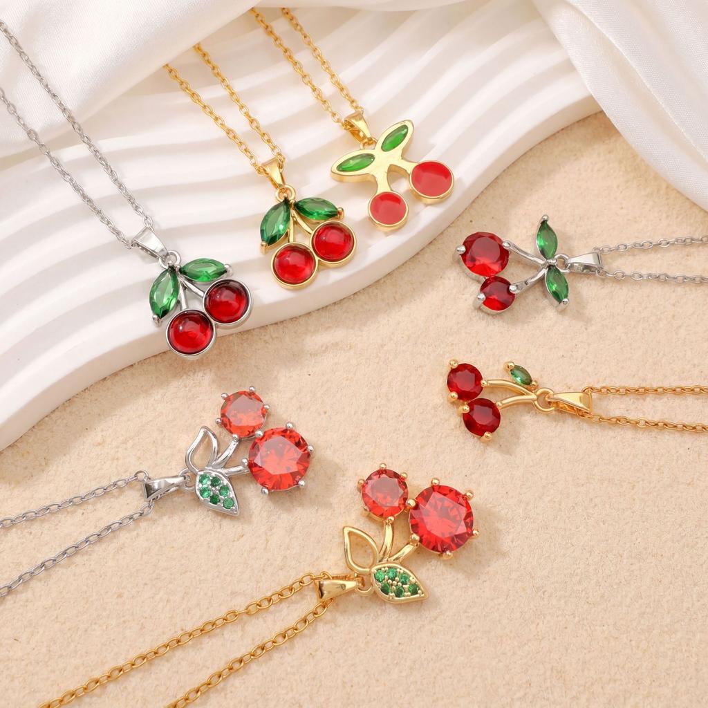 Cherry Fruit Necklace - A Simple and Versatile Summer Accessory for Women, Featuring A Lockbone Chain with A Charming Cherry Fruit Design.