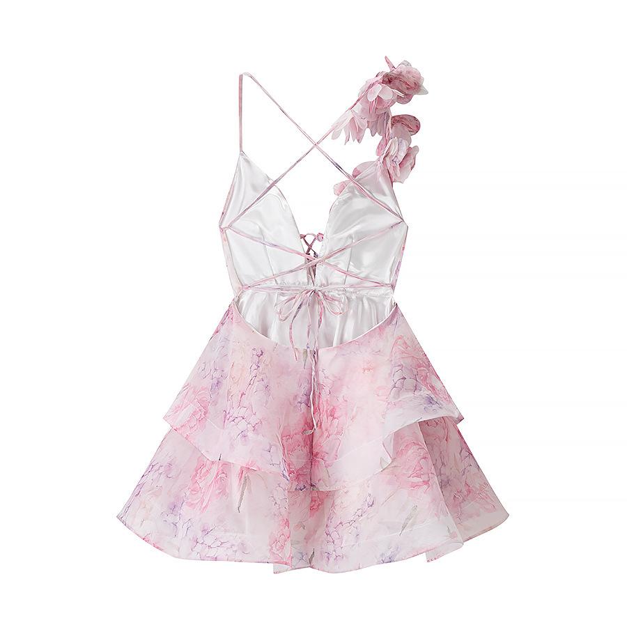 Women's Clothing Wholesale European and American Style Fashion Design Flower V-neck Sexy Backless Waist Thin Suspender Dress