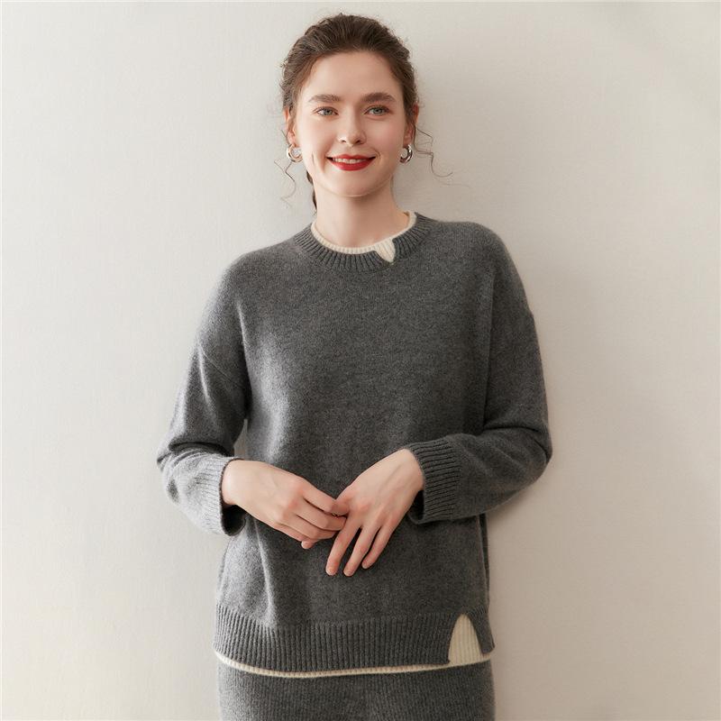 Women's Cashmere Color Block Slit Pullover: Autumn/Winter Thick Two-Piece Knitwear