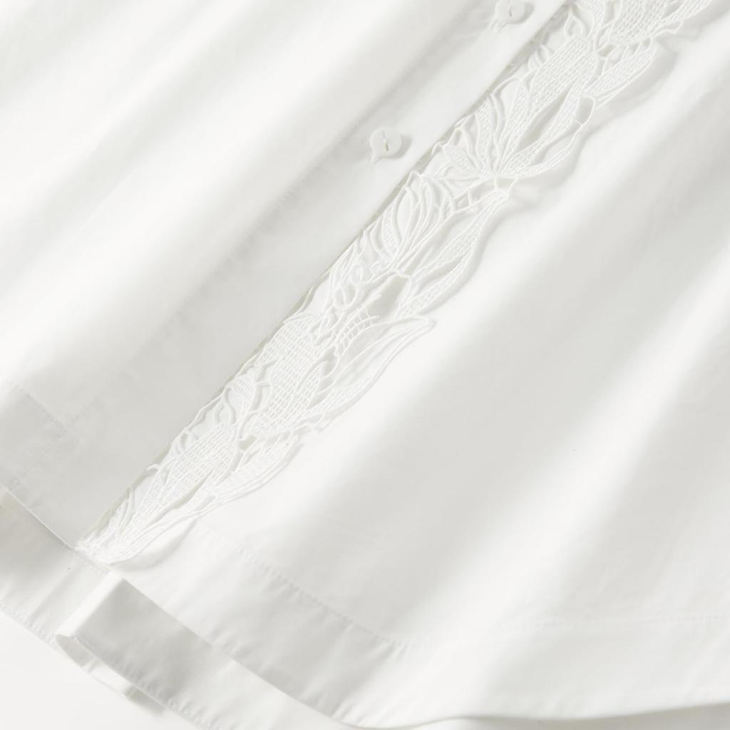 [ELLE] Women's Blouse, 100% Cotton, Lace Placket, Raglan Sleeves, Pleated Sleeves, White, Long Sleeves, Elegant, Stylish, Sizes S, M, L
