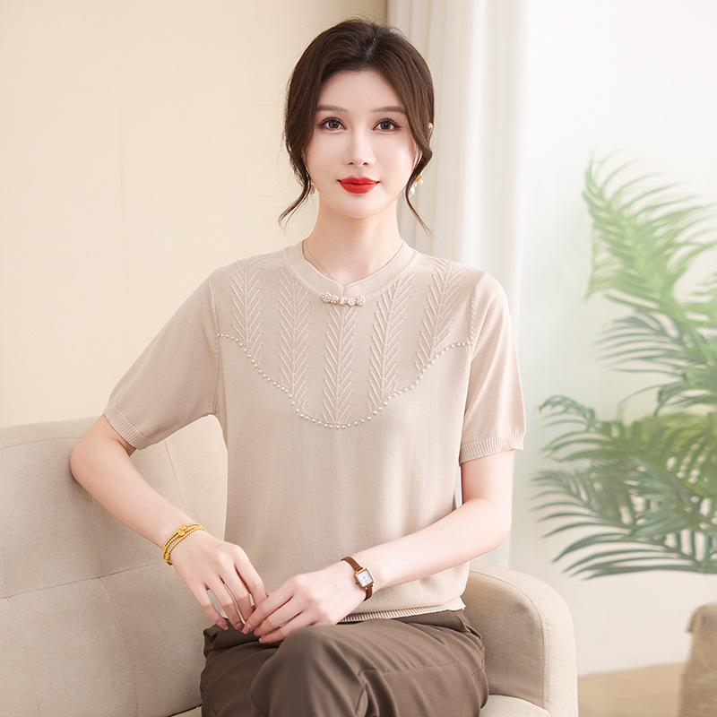 Mom's Summer Ice Silk Short-Sleeved T-shirt: Versatile Chinese Style Knitted Cardigan for Middle-Aged and Elderly Women