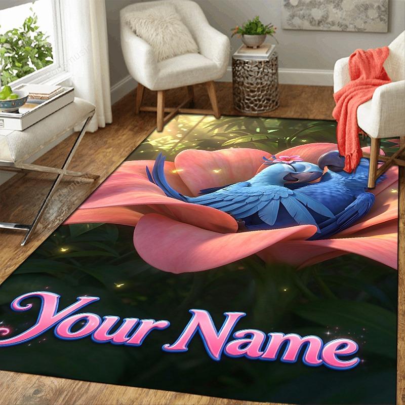 Custom 1Pc Lovebirds Pink Flower Flannel Personalized Rug Non Slip Floor Mat Soft Carpet for Living Bedroom Office Home Decor Gift