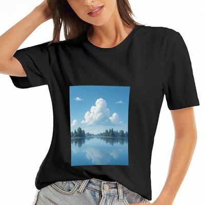 Lake And Sky Scenery Unisex Cotton T Shirt, Premium Quality Print, Durable, Relaxed Fit Fashion Tee. Serene Lake And Cloud Reflection Artwork. 150 Cha