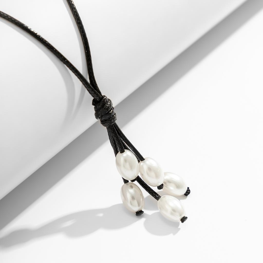 Ethnic Style Simple Wax Thread Fringed Necklace, Retro Imitation Pearl Long Pendant Necklace for Women