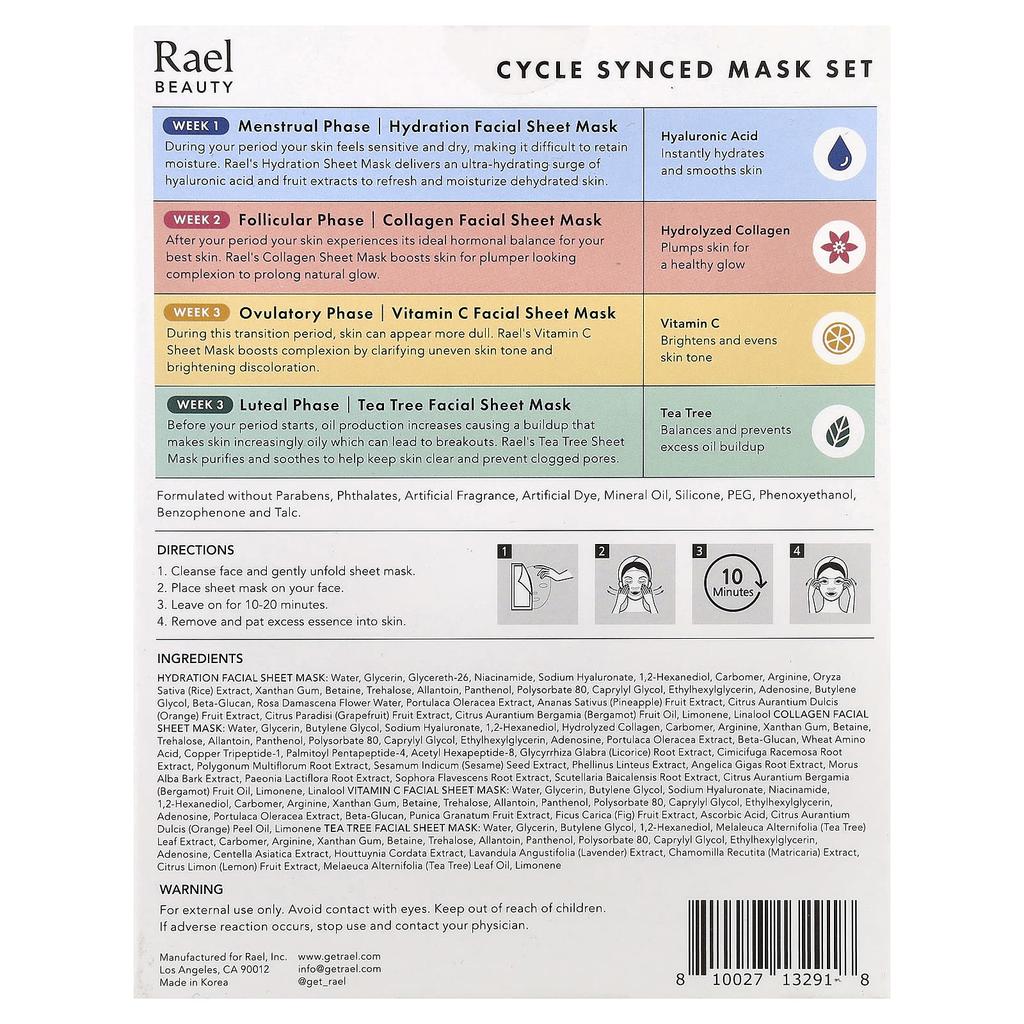Rael Cycle Sync Beauty Mask Set, 4 Sheets, 25ml (0.84 fl oz) Each