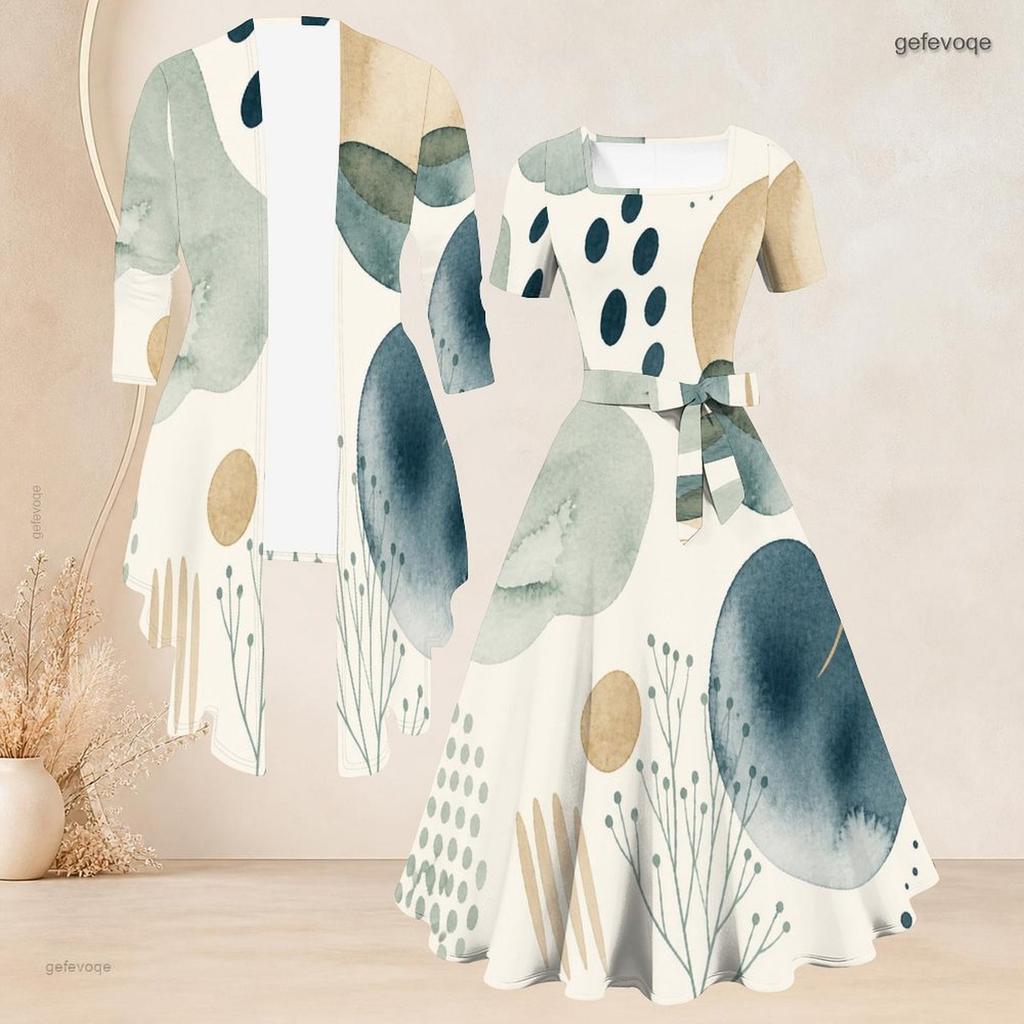 Women Plus Size Abstract Printed Two Piece Set Square Neck Short Sleeve Tie Waist Flared Dress And Long Sleeve Cardigan