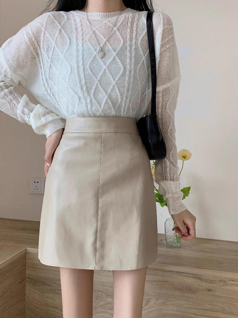 Women's 2023 Retro High-Waist PU Leather Skirt - Slim, Short, Black, Korean-Style for Autumn/Winter Fashion.