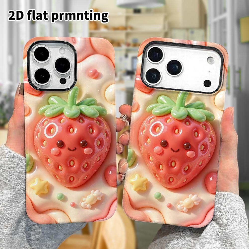 Phone case: 2D flat design suitable for iPhone 18 17 16 15 14 13 Pro protective case, cartoon strawberries, perfect Christmas and Halloween holiday gi