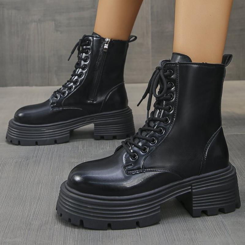 Autumn Winter Black Platform Boots Women Fashion Lace Up Zipper Ankle Boots Woman Punk Thick Heel Pu Leather Botas Mujer