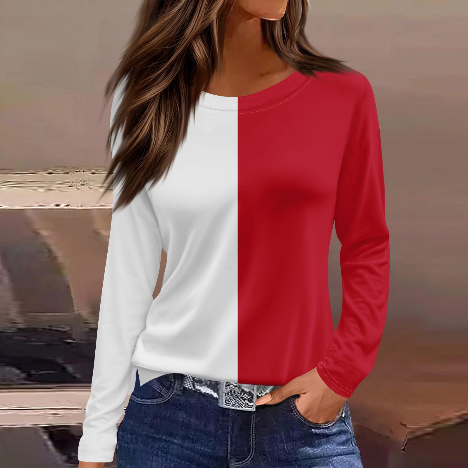 

Женская мода повседневный топ с разрезом по низу и полосками в полоску с градиентным принтом и круглым вырезом с длинными рукавами XXL красный