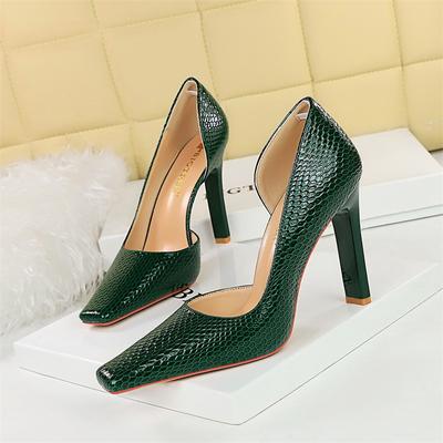 Dames Vintage Slangenprint Pumps Vierkante Neus Lakleer Laag Uitgesneden Zijkant Hol Mode Bruiloft Zwart Enkele Schoenen