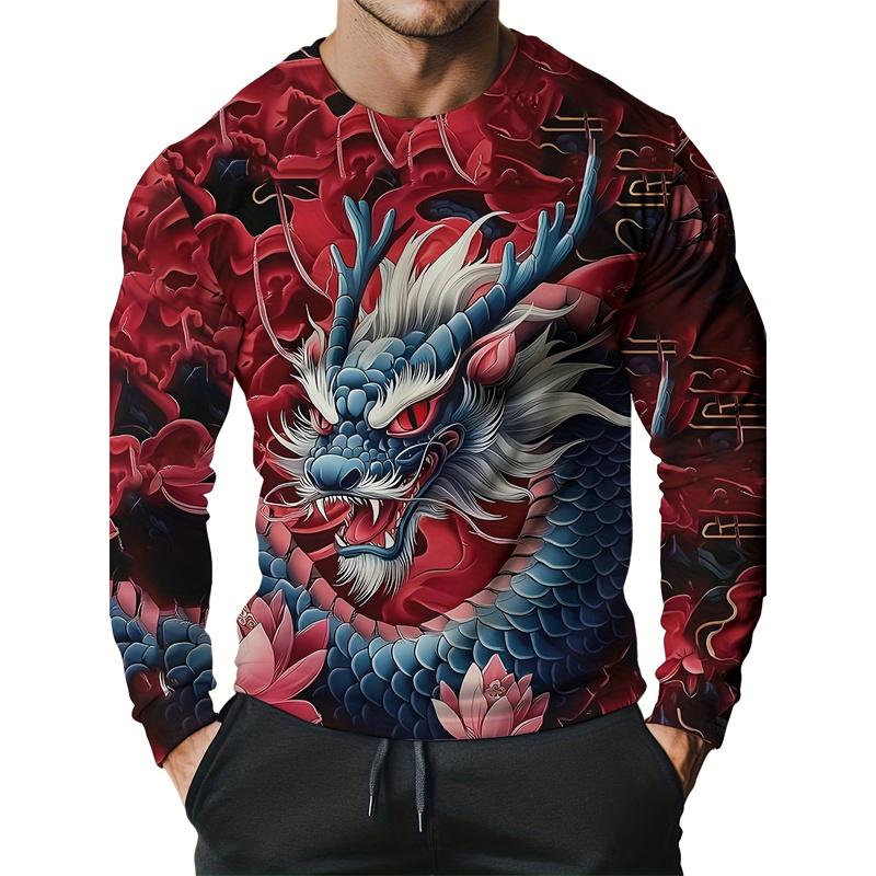 Camiseta Antigua China con Patrón de Dragón Loong para Hombre Camisetas Frescas con Estampado 3D de Dragón Mangas Largas Casuales Camisetas Unisex Tops Holgados de Cuello Redondo