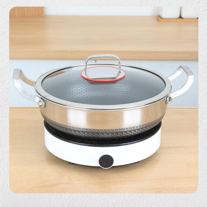 Double Ear Frying Pan Stainless Steel Stew Pot Pancake Baking Tray with Lid Induction Cooker Gas Stove Universal Non-stick Pot