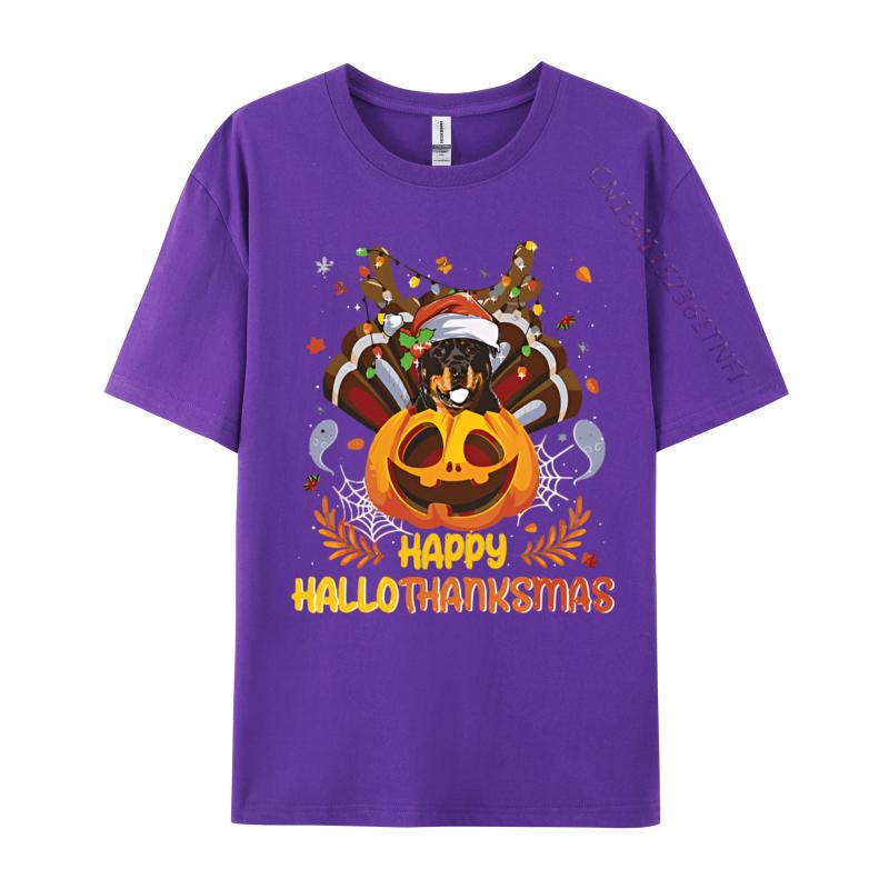 Rottweiler Happy Hallo Thanksmas Halloween Tshirt Vintage Cheerful Cotton Tshirts Blue And White Graphic T Shirts