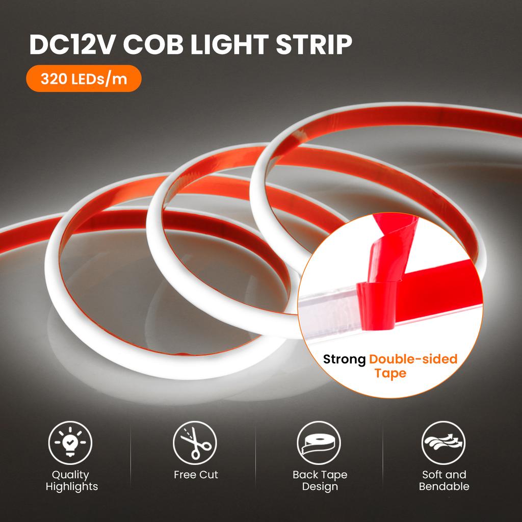 IP68 Wasserdichte COB LED Streifenlichter DC 12V Hohe Helligkeit 320 LEDs/m Flexibles Neonband mit EU/US/UK/AU Stecker für den Garten
