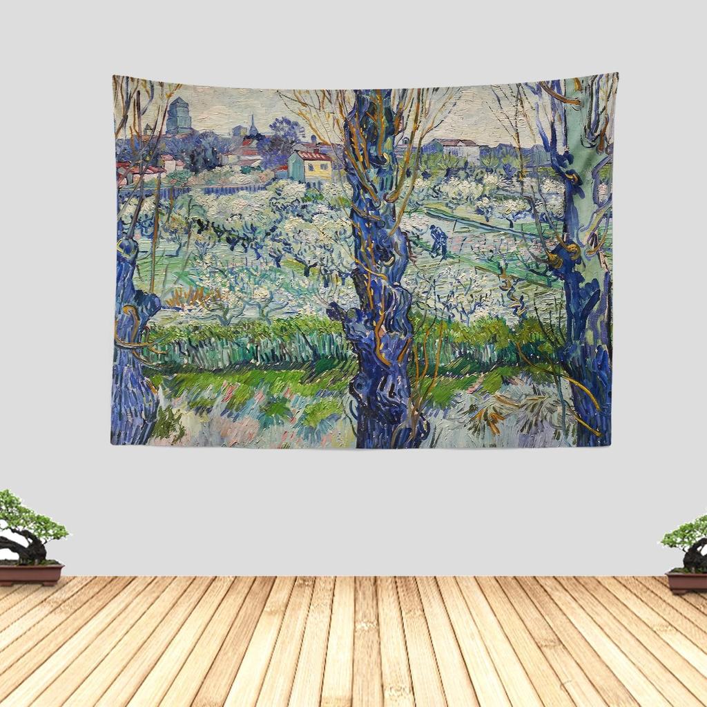 Bohemian Spring Landscape Tapestry Wall Hanging Art Print Rustic Floral Botanical Impressionist Home Decor for Living Room Bedro