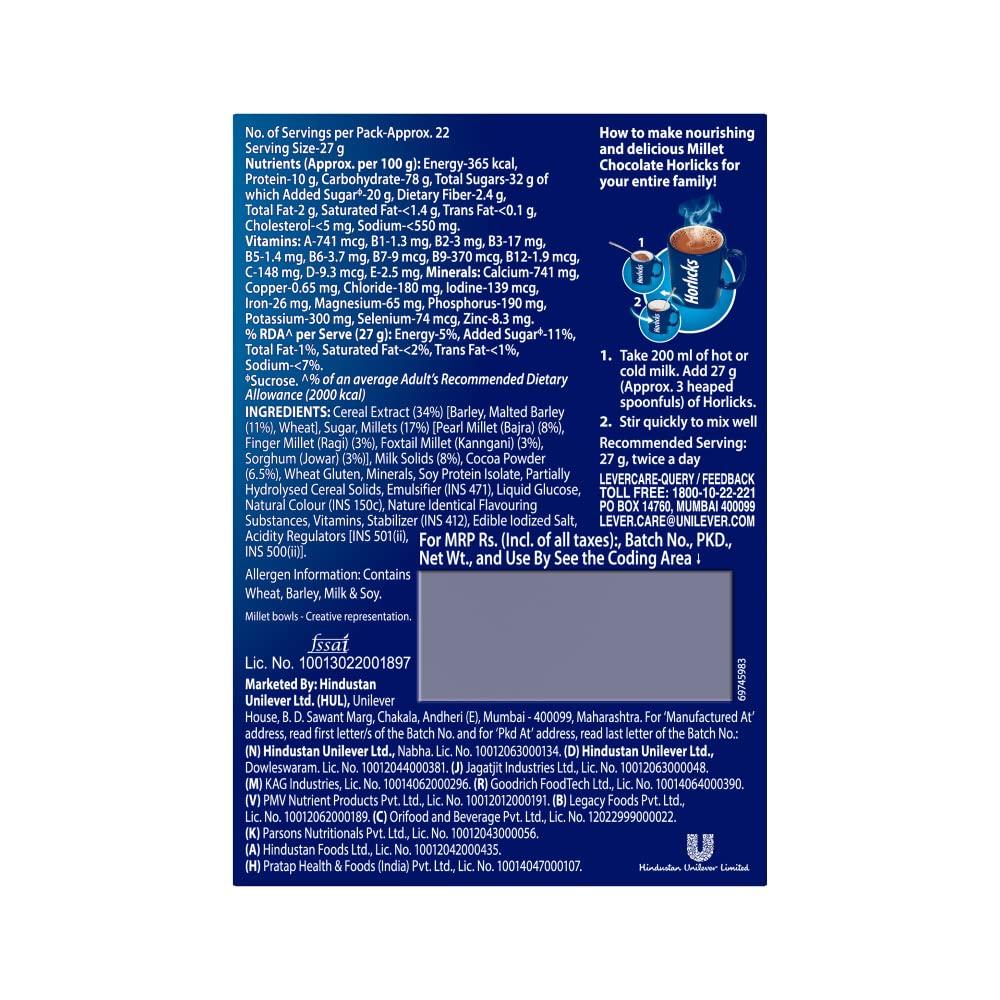 Horlicks Hirse-Schokoladengetränk 600 g, 1er-Pack | Nährstoffreiches Mehrkorn-Schokoladengetränk aus Hirse
