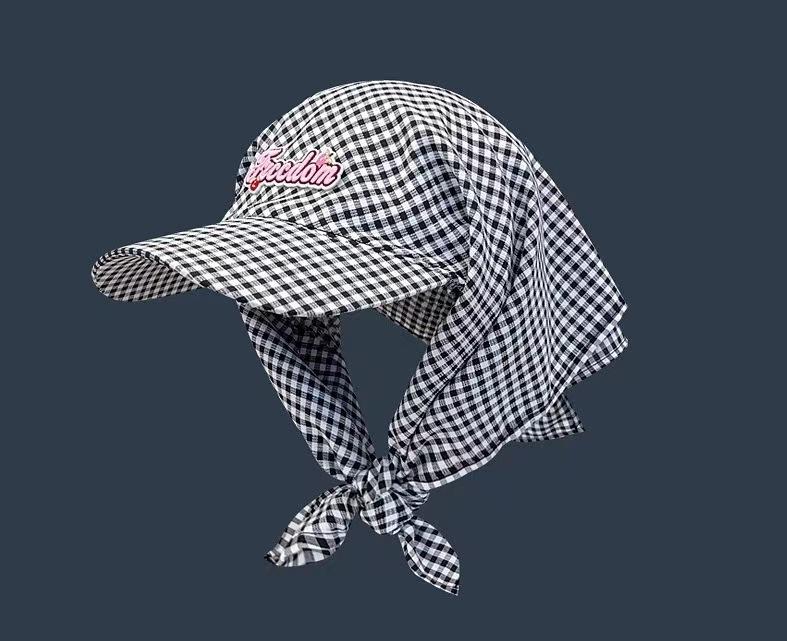 Gorro con pañuelo a cuadros de diseño coreano para sombra y protección solar al aire libre, gorra de béisbol con correa y gorra tipo pico de pato