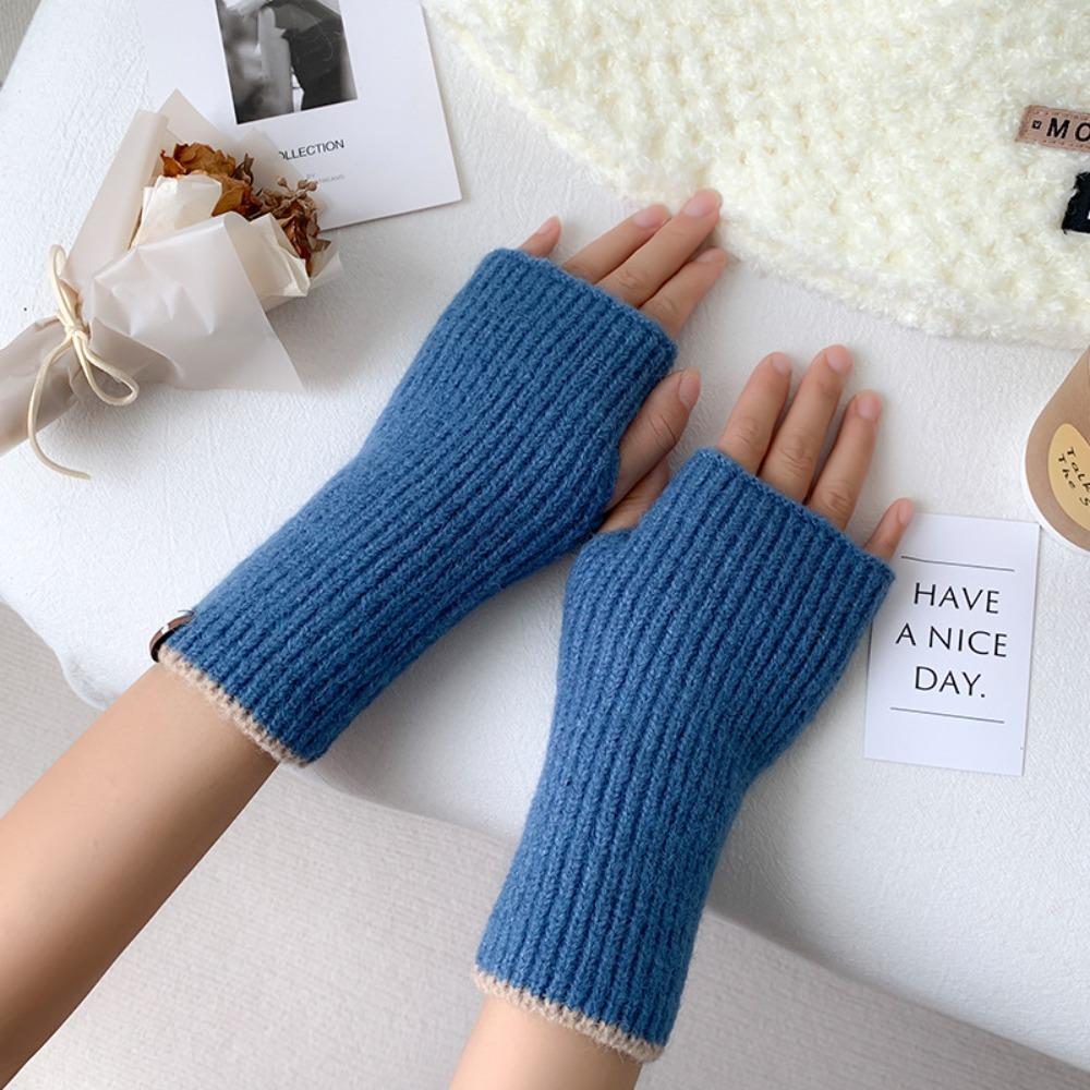 Cute Knitted Warm Half Finger Knitted Gloves Fingerless Solid Color Winter Fingerless Gloves Cashmere Thumb Hole Short Gloves