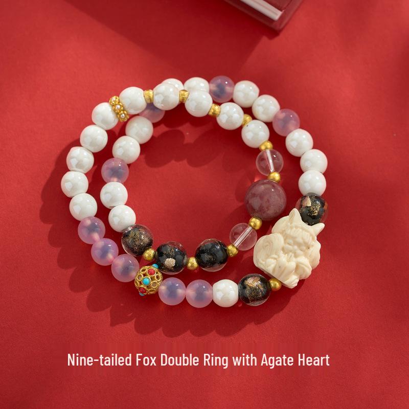 Nine-Tailed Fox Agate Ceramic Bracelet with Gold Foil and Glass Elements for Wealth Attraction