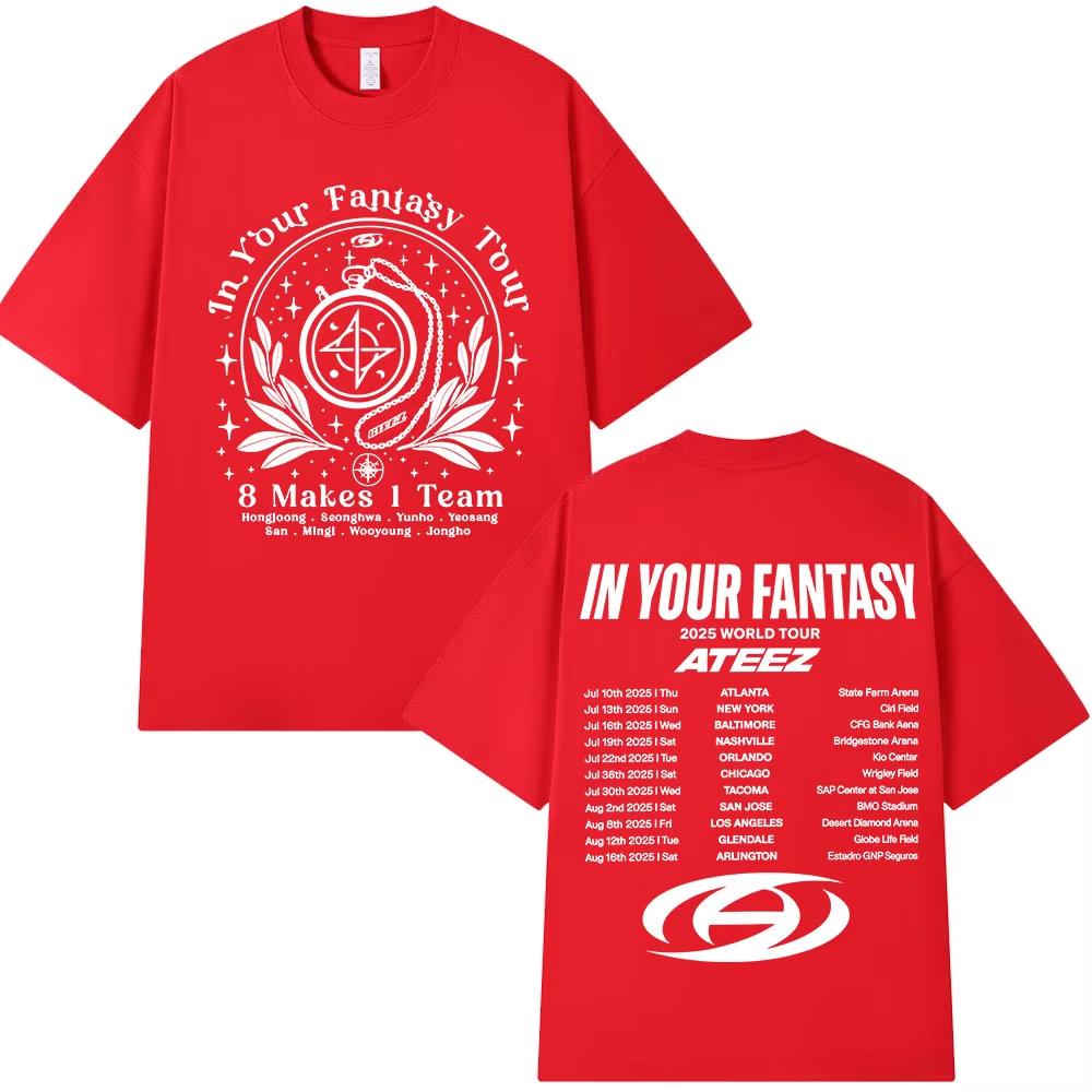 Ateez 2025 World Tour in Your Fantasy Daty Trasy 8 Makes 1 Team Koszulki Koreańska Moda Kpop T-shirt Męski Damski Bawełniane T-shirty
